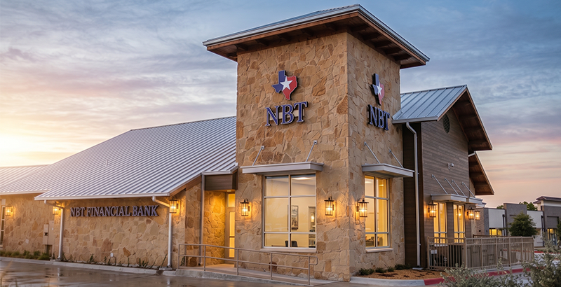 NBT Financial Bank, Willow Park branch at dusk